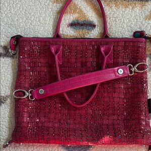 Gabs Hot Pink Leather Woven Handbag